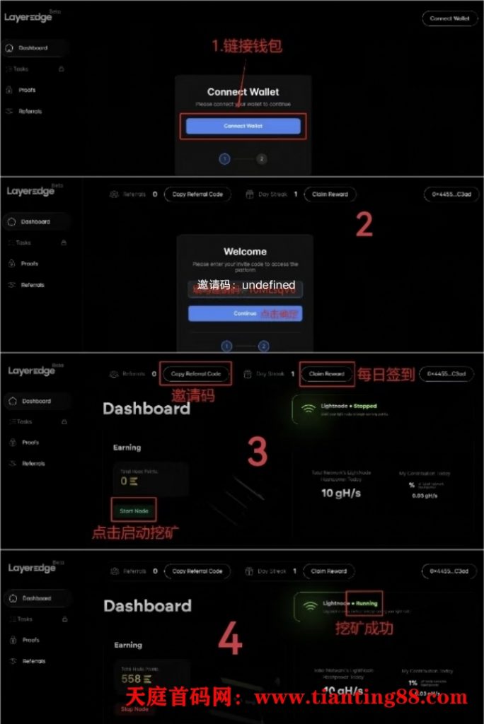 LayerEdge~测试网首码内测，网页挖矿模式，连接钱包登录，手动启动挖矿，每日签到，连续7天签到可得500积分奖励，该项目已获得融资。-天庭首码网-网上创业赚钱首码项目免费推广发布平台-首码项目网